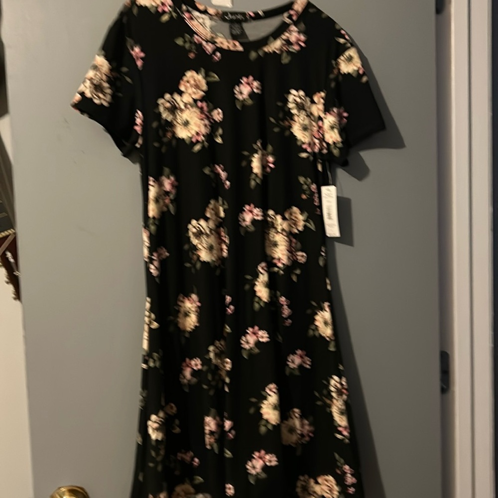 Ladies, short dress, flowery, large size, black and pink